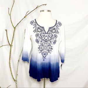 JM Collection White to Navy Blue Ombre Embroidered Tunic